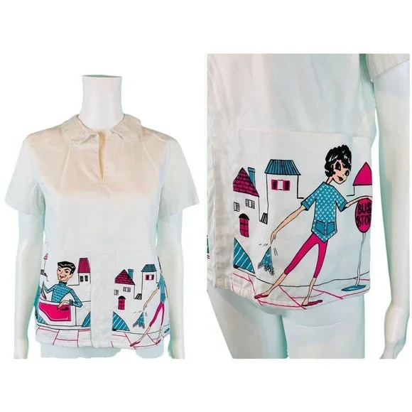 Vintage 60s Novelty Blouse Womens Small Printed Dream Pockets Girl Shirts - Picture 2 of 10